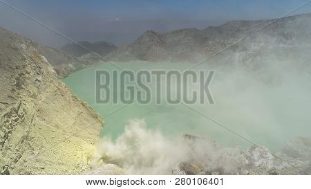 Aerial View Mountain Landscape With Crater Acid Lake Kawah Ijen Where Sulfur Is Mined. Sulfur Gas, S