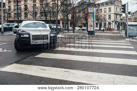 Strasbourg, France - Mar 18, 2018: Side View Of New Luxury Rolls-royce Limousine Black Silver Car On