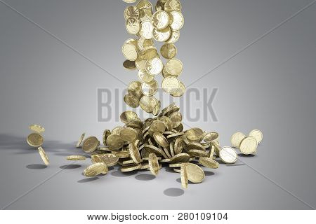 Gold Coins With Dollar Sign Fall On Graund 3d Illustration On A Grey Background
