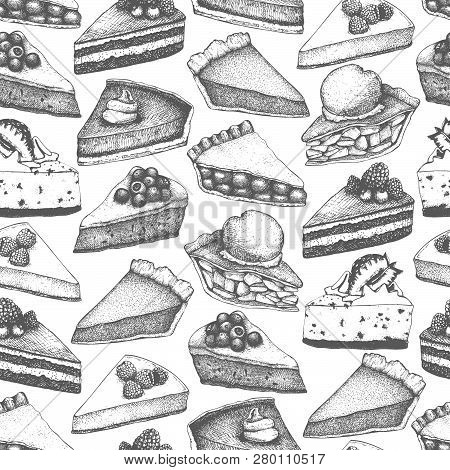 Vectorbackground With Ink Hand Drawn Fruit And Berry Baking Illustration. Vintage Design With Tradit