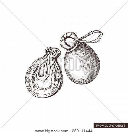 Vector Provolone Sketches. Hand Drawn Italian Cows Milk Cheese Illustration. Vintage Traditional Foo