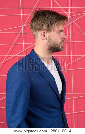 Manager Dress Code. Man Well Groomed Manager Wear Elegant Formal Suit Pink Background. Manager Confi