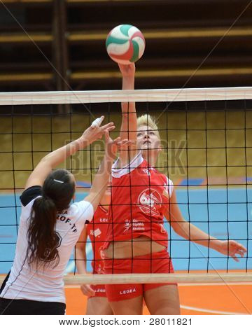 KAPOSVAR, 헝가리-11 월 25 일: Zsofia Horvath (레드 5) 헝가리 선수권 voll에서 행동