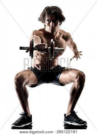 one caucasian man fitness weitghs training exercises studio in silhouette isolated on white background