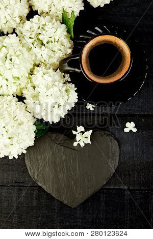 Cup Of Coffee With Bouquet Hydrangea Good Morning. Flat
