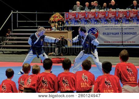 ST. PETERSBURG, RUSSIA - OCTOBER 17, 2015: Demonstration performance of St. Petersburg Hapkido Federation during the martial arts festival Baltic Sea Cup in Sibur Arena