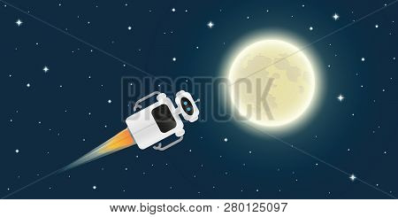 Cute Robot Is Flying To The Full Moon In Space Vector Illustration Eps10