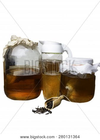 Fermented Drink, Jun Tea Healthy Natural Probiotic In A Glass Jar.