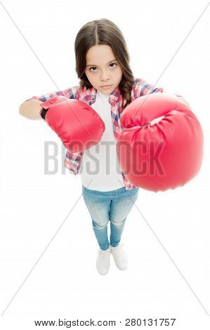 Kid Boxing Gloves Isolated White. Child Boxer Defend Herself. Sport Activity. Boxing Practice. Femin