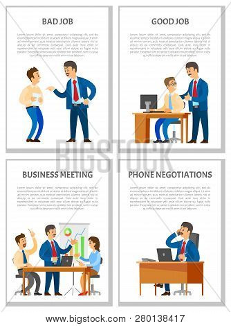 Bad And Good Job, Business Meeting And Telephone Negotiations Vector Posters. Unsatisfied Boss, Lead