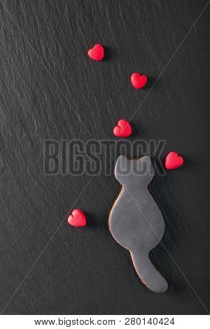 Valentine Background Edibale Edible Single Black Cat Cookies And Fondant Sugar Red Hearts On Black B