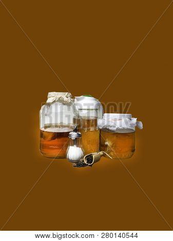 Kombucha In A Glass, Jars With Sugar, Tea