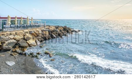 San Remo, Italy, September 18, 2018: The Beach Terrace Of The Restaurant Bar Living Garden In The It