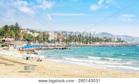 San Remo, Italy, September 18, 2018:  The Beach Of The Italian City San Remo In The Province Of Ligu