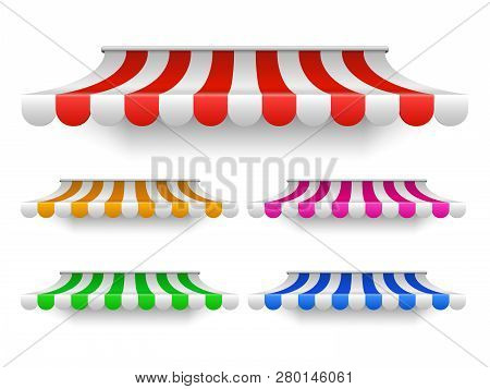 Set Of Shop Awning Tents For Window. Outdoor Market Colored Canopy, Vintage Store Roof. Colorful Sun