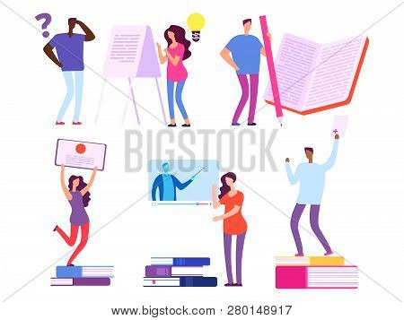 International People, Students Get Education From Books And Online Courses Vector Illustration. Stud