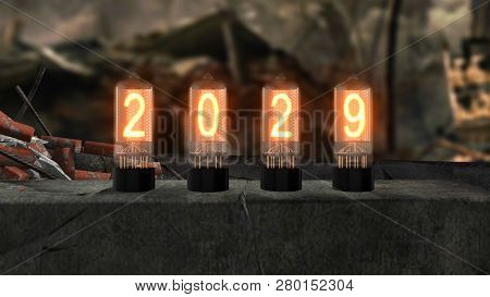 Inscription 2029 Burns On Old Television Lamps Against The Backdrop Of The Devastation Of The Apocal