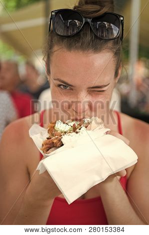 Pretty Girl Or Woman Eating Sandwich Gyros. Girl With Pleasure Eats Burger After Diet. She Opened He
