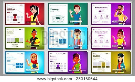 Self Presentation Banner Set Vector. Multiracial Person. Female, Male. Introduce Yourself Or Your Pr