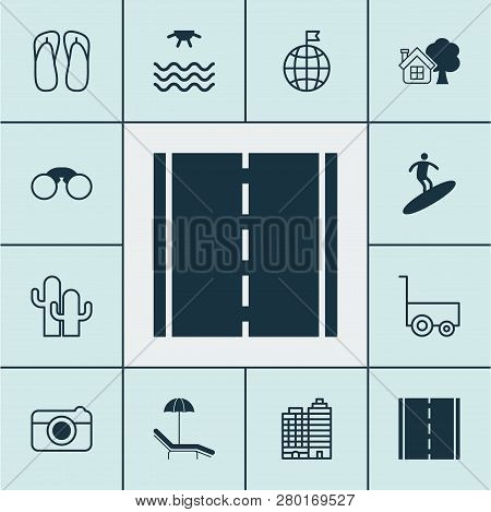 Tourism Icons Set With Sea, Field Glasses, Thongs And Other Boardsports Elements. Isolated Vector Il