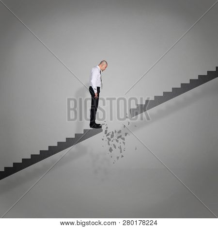 Businessman Looking Down On Broken Stairs, Failure Crisis In Business Concept