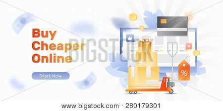 Banner Template Of Online Shop. Vector Platform Trolley, Cargo, Discount Tag And Credit Card Over A 