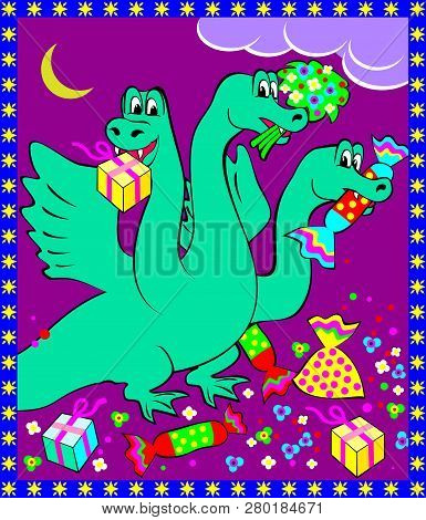 Greeting Card With Hydra Holding Presents, Vector Cartoon Image.