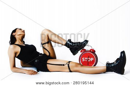 Young Pretty Indian Girl With Red Alarm Clock Posing Cheerful On White Background Isolated, Sexy Mod