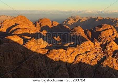 Picturesque Landscape Of Mountain Peaks During Sunrise. Sinai Mountain (mount Horeb, Gabal Musa, Mos