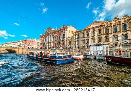 St. Petersburg, Russia - September 11 2018: Two Tour Boats Dock Before Cruising The Fontanka River I
