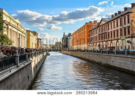 St. Petersburg, Russia - September 10 2018: Tourists Crowd The Square Of The Spilled Blood Cathedral