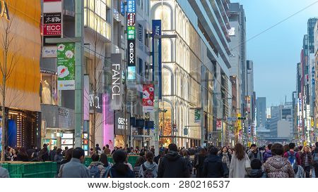 Ginza, Tokyo / Japan - December 22 2018 :  Night View Of Ginza District, The District Has Famous Bra