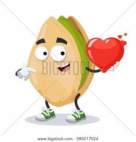 Cartoon Cracked Pistachio Nut Character Mascot Keeps The Heart
