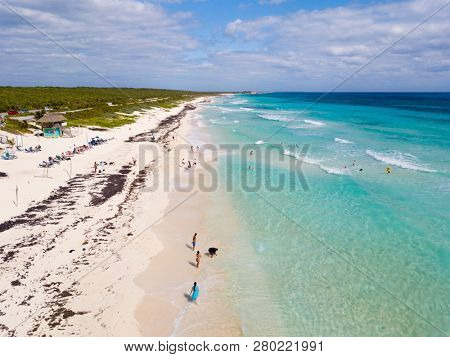 Low aerial view of Playa San Martin beach on the east side of Cozumel, Mexico.