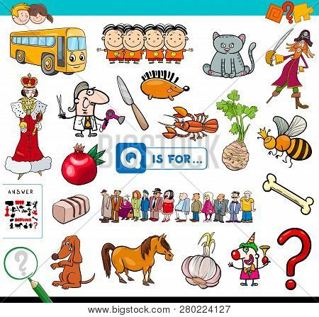 Cartoon Illustration Of Finding Picture Starting With Letter Q Educational Game Workbook For Childre