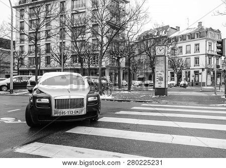 Strasbourg, France - Mar 18, 2018: New Luxury Rolls-royce Limousine Black Silver Car On French Allee