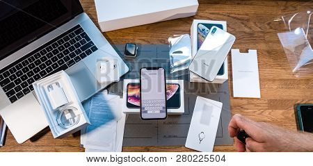 Paris, France - September 21, 2018: Apple Fan Boy Unboxing Latest New Apple Iphone Xs Max And Xs App