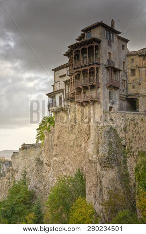 Cuenca, Spain, Oct 14, 2008 - Casa Colgadas In Cuenca, Spain Is Built On The Edge Of A Cliff