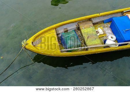 View From The Above Of Fishing Nets And Rope Rest On Top Of A Traditional Labuanese Fishing Boat In 