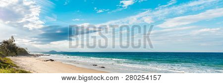 Panoramic View Of Ocean And Beach With Mountains On Horizont In Sunshine Coast, Mooloolaba Bech, Aus