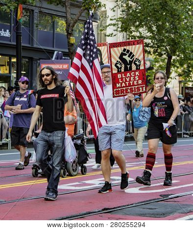 San Francisco, California, June 24, 2018:  Gay Pride Parade - Black Lives Matter Group Marches