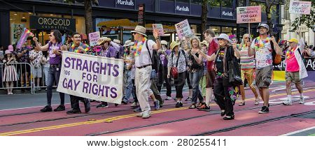 San Francisco, California, June 24, 2018:  Gay Pride Parade - Straights For Gay Rights Marches