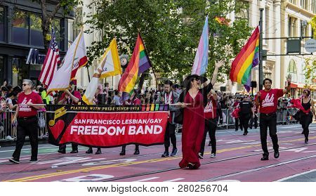 San Francisco, California, June 24, 2018:  Gay Pride Parade - Lesbian Gay Band Marches