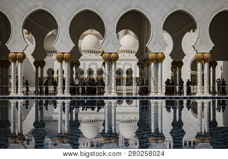 Abu Dhabi, Uae, Mar 22, 2018:  Internal Courtyard Of The Sheik Zayed Mosque