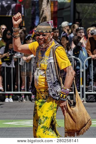 San Francisco, California, June 24, 2018:  Gay Pride Parade -man Marches Solo In Parade