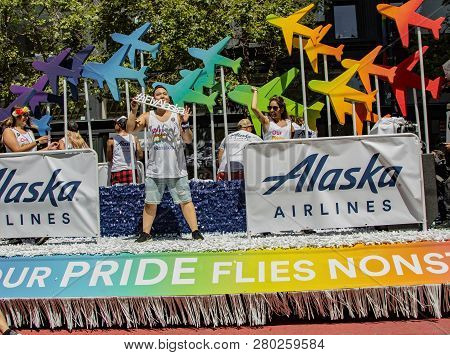 San Francisco, California, June 24, 2018:  Gay Pride Parade - Corporate Alaska Airlines Float