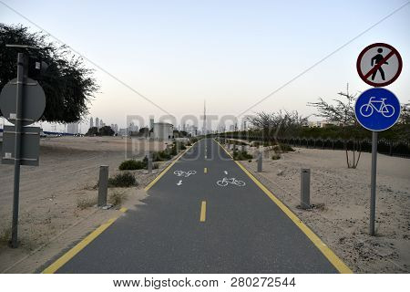 Dubai Skyline From Nad Al Sheba Bicycle Track Road, Dubai, United Arab Emirates