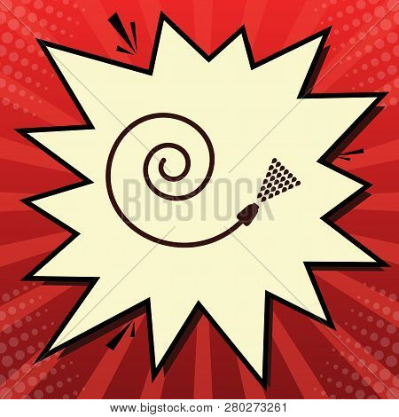 Garden Hose Sign. Vector. Dark Red Icon In Lemon Chiffon Shutter Bubble At Red Popart Background Wit