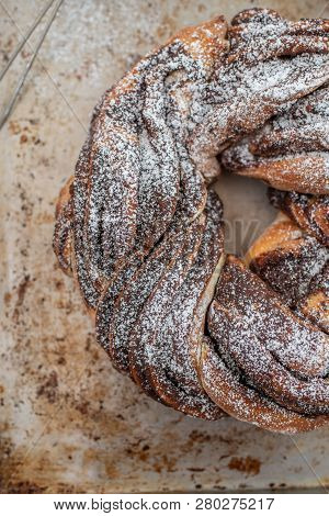 Home Made Traditional Sweet Chocolate Babka On Plate On A Table
