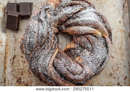 Home Made Traditional Sweet Chocolate Babka On Plate On A Table